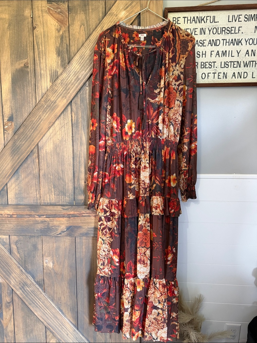 Reba Brown Floral Tiered Long-Sleeve Maxi Dress
